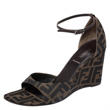 Pre Owned Fendi Tobacco Zucca Canvas Wedge Ankle Strap Sandals Size 38