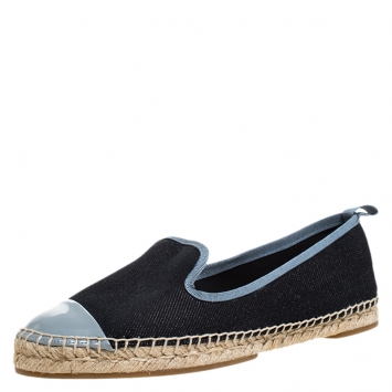 Pre Owned Fendi Black Denim And Grey Patent Leather Junia Cap Toe Espadrilles Loafers Size 37