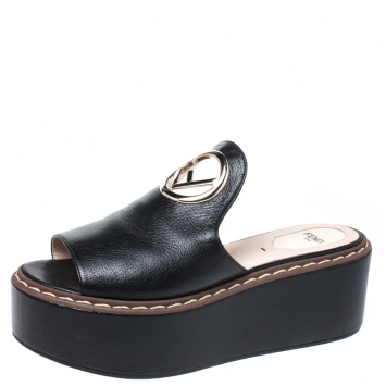 Pre Owned Fendi Black Leather F Logo Platform Sandals Size 37