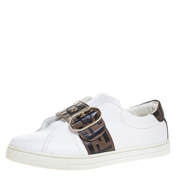 Pre Owned Fendi White Leather FF Logo Buckle Strap Sneakers Size 38.5