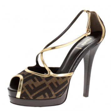 Pre Owned Fendi Zucca Canvas And Gold Leather Trim Cross Strap Platform Sandals Size 41
