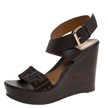 Pre Owned Fendi Brown/Beige Zucca Canvas and Leather Platform Wedge Cross Ankle Strap Sandals Size 40