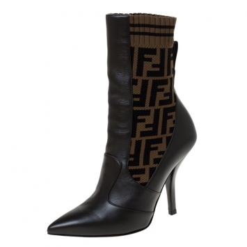 مملوكة مسبقًا Fendi Brown Leather and Fabric Pointed Toe Ankle Boots Size 36