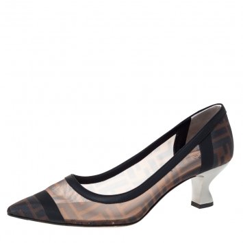 Pre Owned Fendi Black FF Logo Printed Mesh And Leather Trim Colibri Pointed Toe Pumps Size 38.5