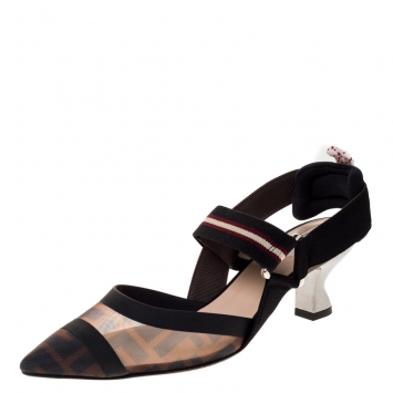Pre Owned Fendi Black FF Motif Tech Mesh And Leather Trim Colibri Slingback Sandals Size 36.5