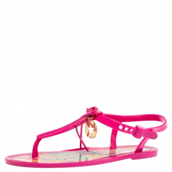 Pre Owned  Fendi Pink Jelly Sunny Ankle Strap Flats Sandals Size 38
