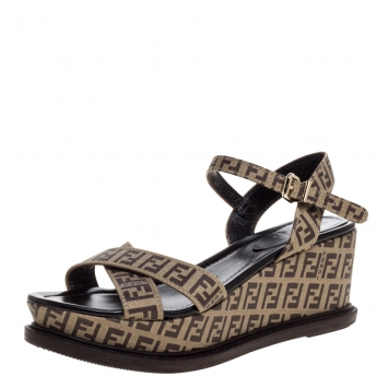 Pre Owned Fendi Beige/Brown Zucca Canvas Ankle Strap Platform Wedge Sandals Size 39