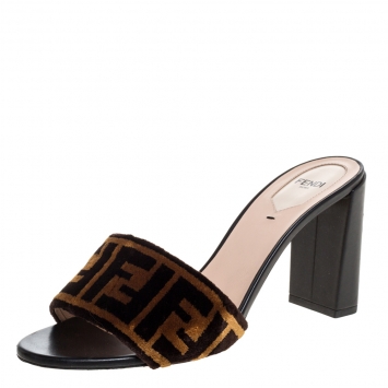 Pre Owned Fendi Brown Zucca Velvet Slip On Slides Size 39
