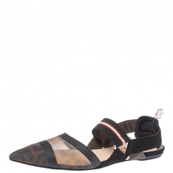 Pre Owned Fendi Black/Brown Zucca Mesh Colibri Slingback Flat Sandals Size 39
