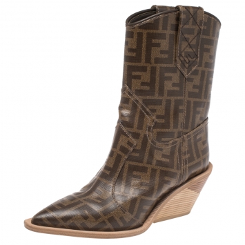 Pre Owned Fendi Brown FF Logo Coated Canvas Wooden Heel Ankle Boots Size 36