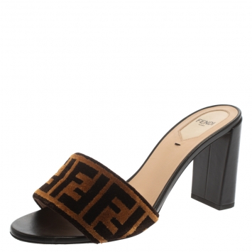 Pre Owned Fendi Brown Zucca Velvet Open Toe Slide Sandals Size 39