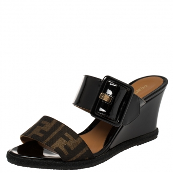 Pre Owned Fendi Black Patent Leather and Tobacco Zucca Canvas Demi Wedge Slides Size 38