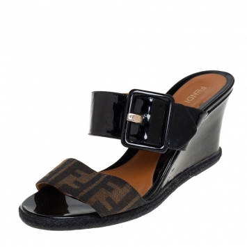 Pre Owned Fendi Brown/Black Zucca Canvas And Patent Wedge Sandals Size 40