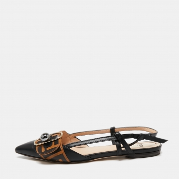 Pre Owned Fendi Black/Beige Leather Buckle Strap Slingback Pointed Sandals Size 37