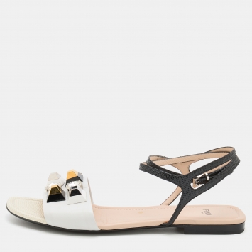 Pre Owned Fendi White/Black Lizard Embossed Leather Studded Ankle Strap Flat Sandals Size 39.5