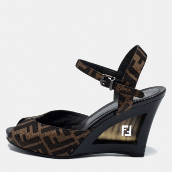Pre Owned Fendi Brown Zucca Canvas Ankle Strap Wedge Sandals Size 40.5