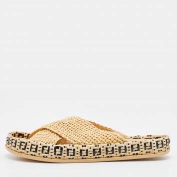 Pre Owned Fendi Beige Raffia Reflection Crisscross Flat Slides Size 41