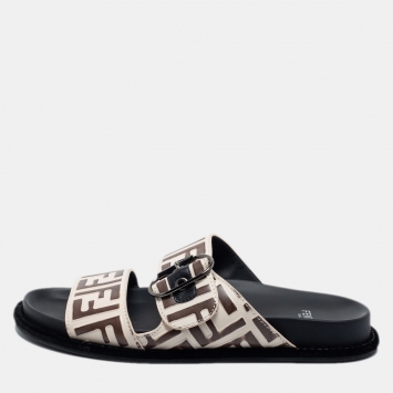 Pre Owned Fendi Two Tone Zucca Embossed Leather Pearland Slides Size 38