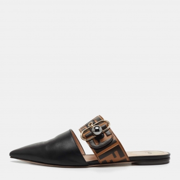 Pre Owned Fendi Black/Brown Zucca Leather Pointed Toe Flat Mules Size 39