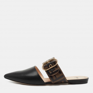 Pre Owned Fendi Black/Brown Leather FF Logo Buckle Mules Size 37