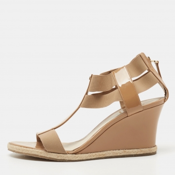 Pre Owned Fendi Beige Patent Leather and Elastic T-Strap Espadrille Wedge Sandals Size 40