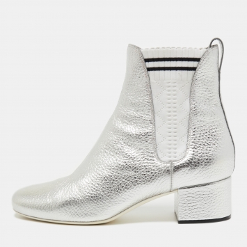 Pre Owned Fendi Metallic Silver Leather Block Heel Ankle Boots Size 40