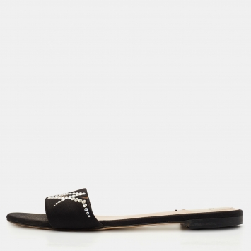 Pre Owned Fendi Black Satin Crystal Embellished Slide Flats Size 42