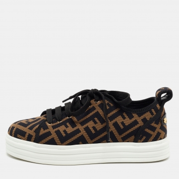 مملوكة مسبقًا Fendi Brown Knit Fabric FF Motif Low Top Sneakers Size 37.5