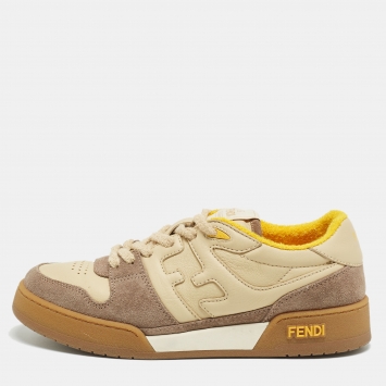 مملوكة مسبقًا Fendi Beige/Brown Suede and Leather Low Top Sneakers Size 39