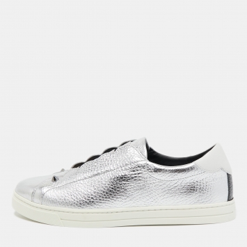 Pre Owned Fendi Silver Leather Rockoko Scallop Slip On Sneakers Size 38