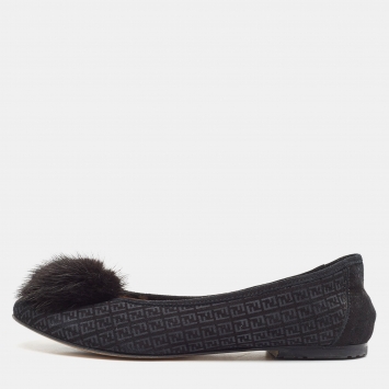 Pre Owned Fendi Black Suede Zucca Fur Embellished  Ballet Flats Size 35