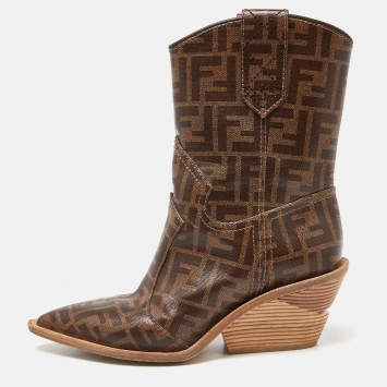 مملوكة مسبقًا Fendi Brown Zucca Coated Canvas Pointed Toe Ankle Boots Size 37