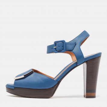 Pre Owned Fendi Blue Leather Metal Logo Open-Toe Ankle-Strap Platform Sandals Size 39