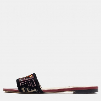 Pre Owned Fendi Multicolor Velvet FF Logo Flat Slides Size 39