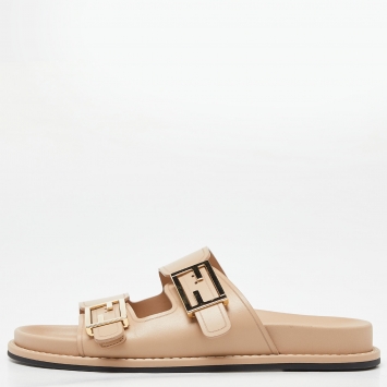 Pre Owned Fendi Beige Leather Strap Flat Slides Size 39