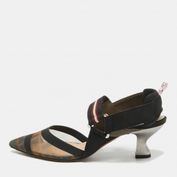 Pre Owned Fendi Brown/Black Zucca Mesh and Canvas Colibri Slingback Pumps Size 37.5