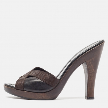 Pre Owned Fendi Brown/Black Canvas and Leather Slide Sandals Size 37