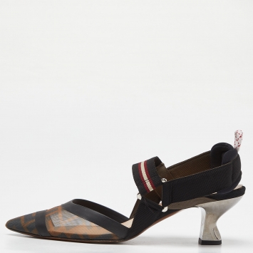Pre Owned Fendi Brown/Black Zucca Mesh and Canvas Colibri Slingback Pumps Size 38