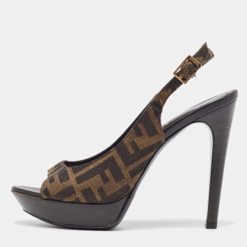 Pre Owned Fendi Brown Zucca Canvas Open Toe Platform Slingback Sandals Size 37.5