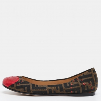 Pre Owned Fendi Brown/Red Zucca Canvas and Leather Heart Cap Toe Ballet Flats Size 38.5