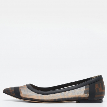 Pre Owned Fendi Brown/Black Zucca Mesh and Leather Colibri Ballet Flats Size 36.5