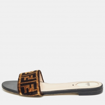 Pre Owned Fendi Brown Zucca Velvet Flat Slides Size 40