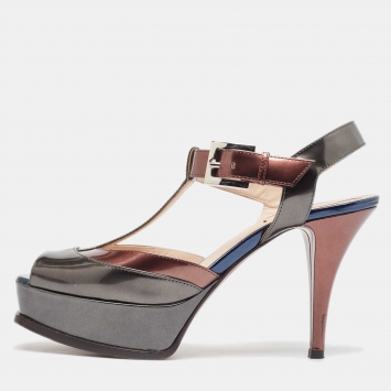 مملوكة مسبقًا Fendi Tricolor Metallic Leather Platform T-Bar Ankle Strap Sandals Size 39