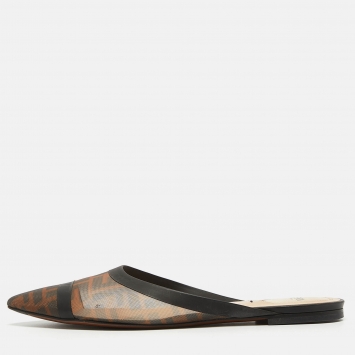 Pre Owned Fendi Brown/Black Zucca Mesh and Leather Colibri Flat Mules Size 39.5