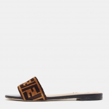 Pre Owned Fendi Brown Zucca Velvet Flat Slides Size 39