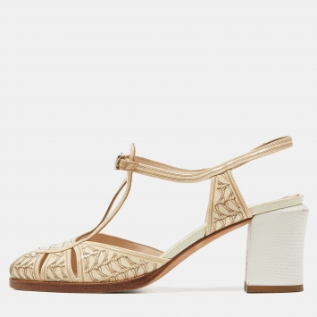 Pre Owned Fendi Beige Printed Patent Leather Block Heel Ankle Strap Sandals Size 39