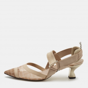 مملوكة مسبقًا Fendi Beige Zucca Mesh and Fabric Colibri Slingback Pumps Size 40