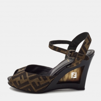 Pre Owned Fendi Brown Zucca Canvas Wedge Ankle Strap Sandals Size 37