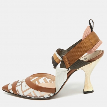 مملوكة مسبقًا Fendi Brown/White Zucca PVC and Leather Colibri Slingback Pumps Size 38