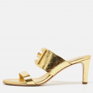 Pre Owned Fendi Gold Leather Baguette Slide Sandals Size 41